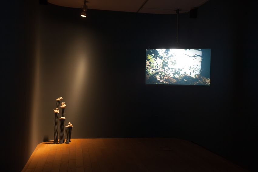 Belén Zahera. Insideout, 2015. Vídeo HD, figuras con impresión 3D de polvo cerámico, pareidolias recortadas en madera. Instalación. Medidas variables.